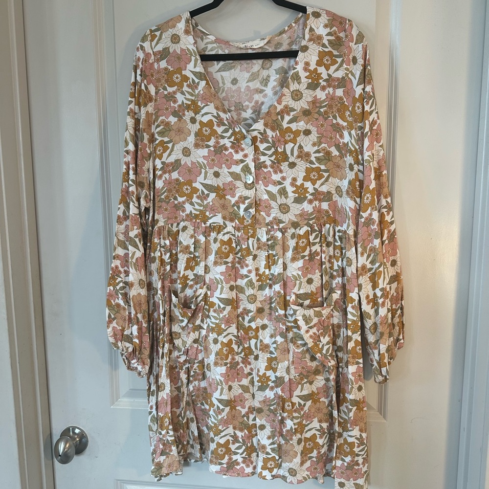 Millibon Floral Long Sleeve Babydoll Lightweight Cottage Core Boho Dress, Large